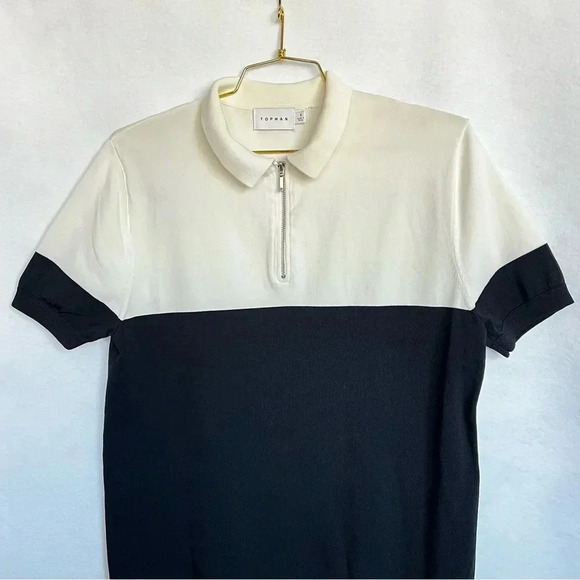 Topman Colorblock Polo Sweater Size Small 1/4 Zip Black Ivory Short Sleeve Knit - Picture 3 of 8